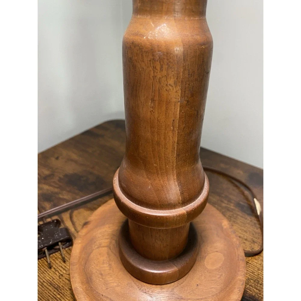 Vintage Hand Turned Wood Table Lamp Base Mid Century Brown Wooden Bedside Light